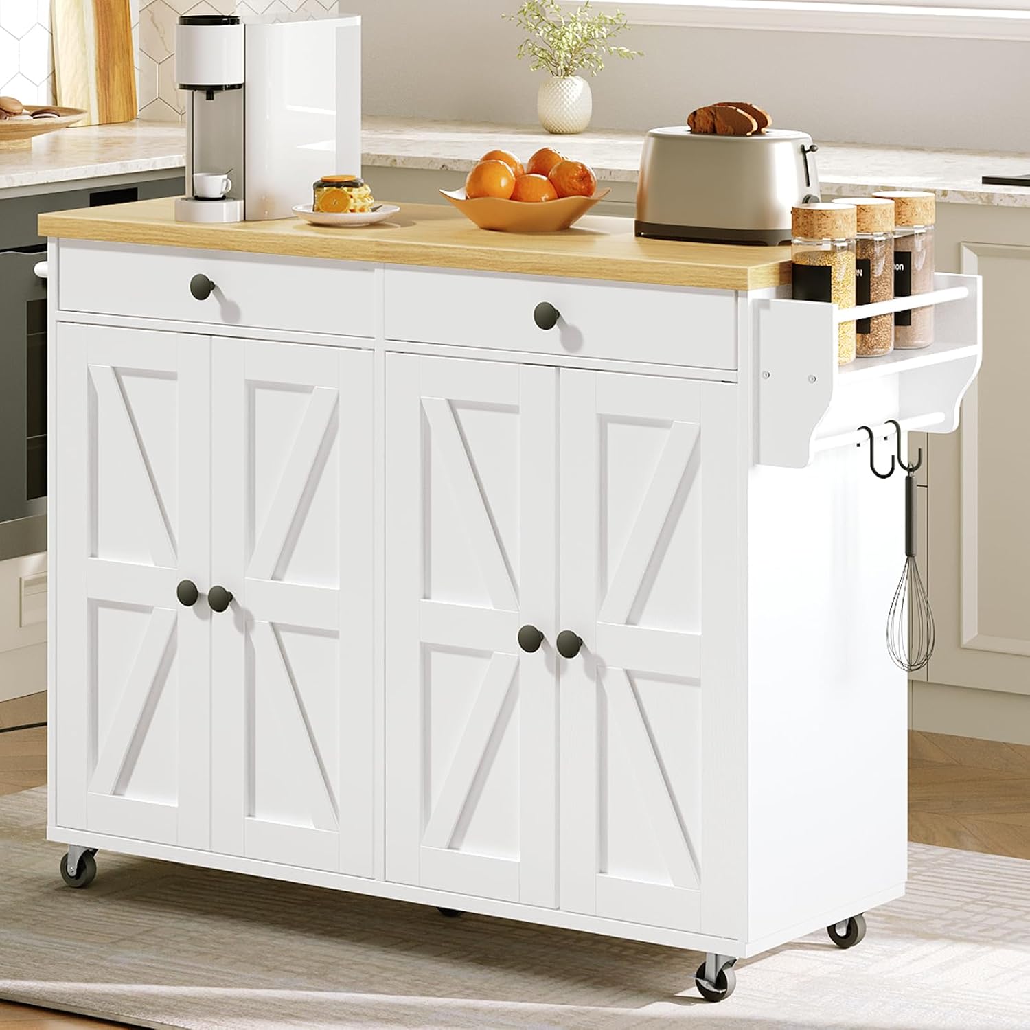 HOOBRO Kitchen Island with Power Outlet, Rolling Kitchen Island with Storage, Kitchen Island Cart with Spice Rack and Hooks, for Dining, Living Room, White and Natural WN11UZD01