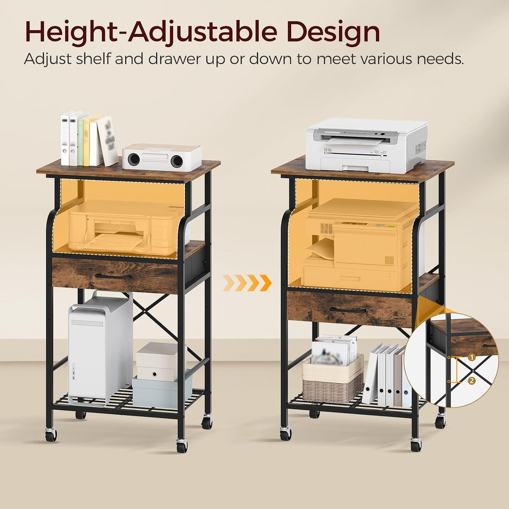 MAHANCRIS Printer Stand and Printer Table Bundle, 3-Tier Industrial Printer Cart with Power Outlets and 2 USB Ports, 3 Tier Mobile Printer Table with Adjustable Shelf & Drawer PTHR78E01-PTHR5401