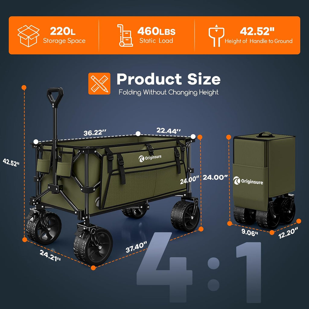 Originsure 220L Collapsible Wagon Cart Foldable, 460lbs Load Capacity Heavy Duty Folding Beach Wagons with Big All-Terrain Wheels, Utility Carts for Groceries, Shopping, Camping, Sports - Green