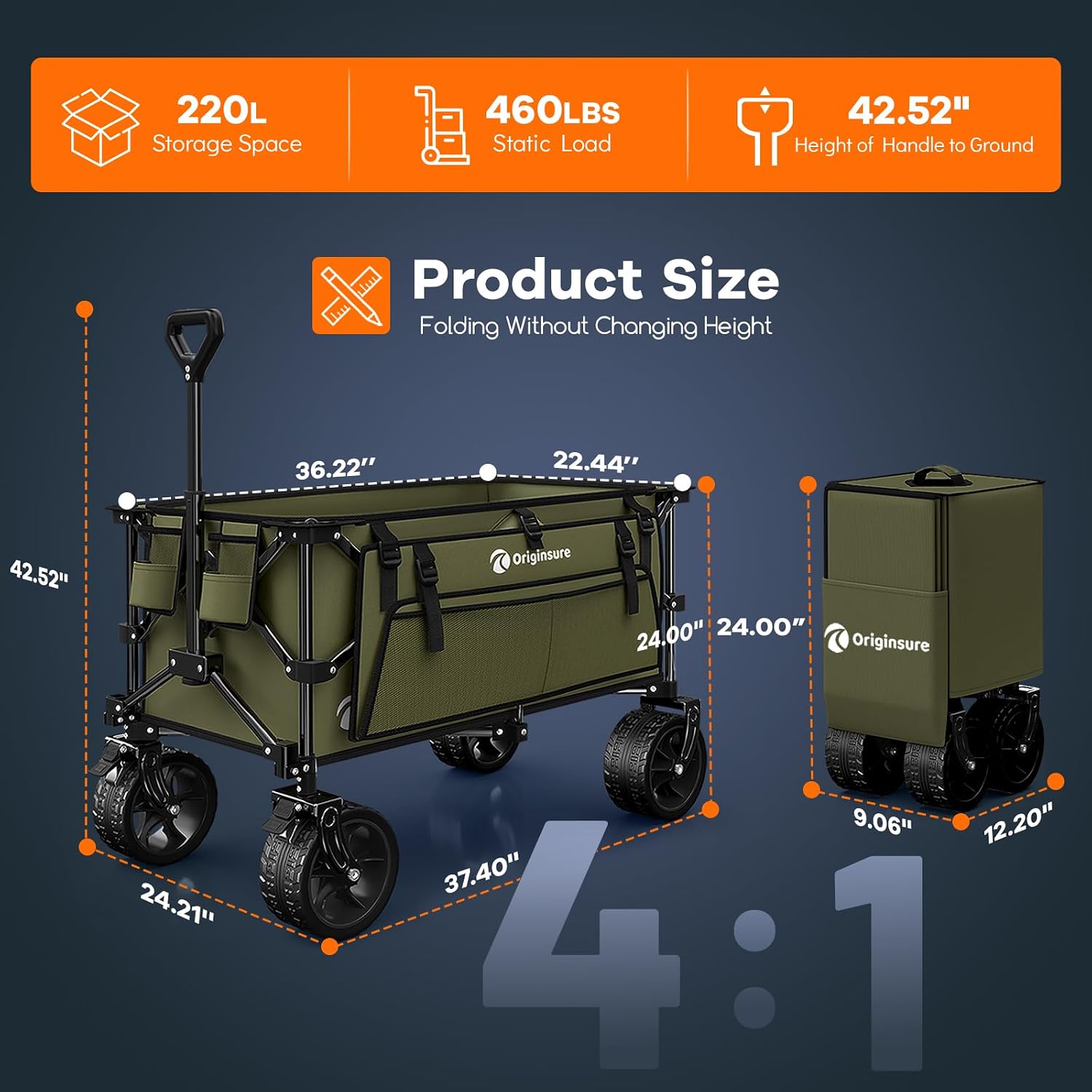 Originsure 220L Collapsible Wagon Cart Foldable, 460lbs Load Capacity Heavy Duty Folding Beach Wagons with Big All-Terrain Wheels, Utility Carts for Groceries, Shopping, Camping, Sports - Green