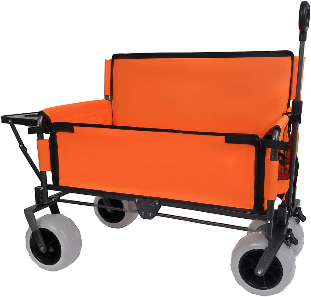 3-in-1 Folding Wagon with Seats and Table, All Terrain Beach Cart with Big Wheels for Sand, 500lbs Heavy Duty Collapsible Wagon for Camping Family Shopping (Orange)