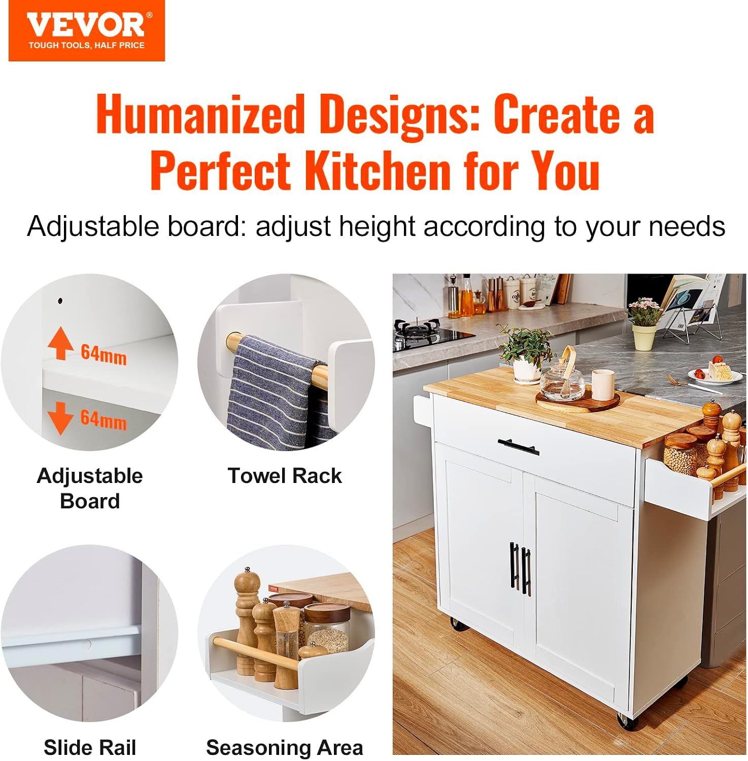 VEVOR Kitchen Island Cart with Solid Wood Top, 35.4' Width Mobile Carts with Storage Cabinet, Rolling Kitchen Table with Spice Rack, Towel Rack, Drop Leaf and Drawer, Portable Islands on Wheels, White