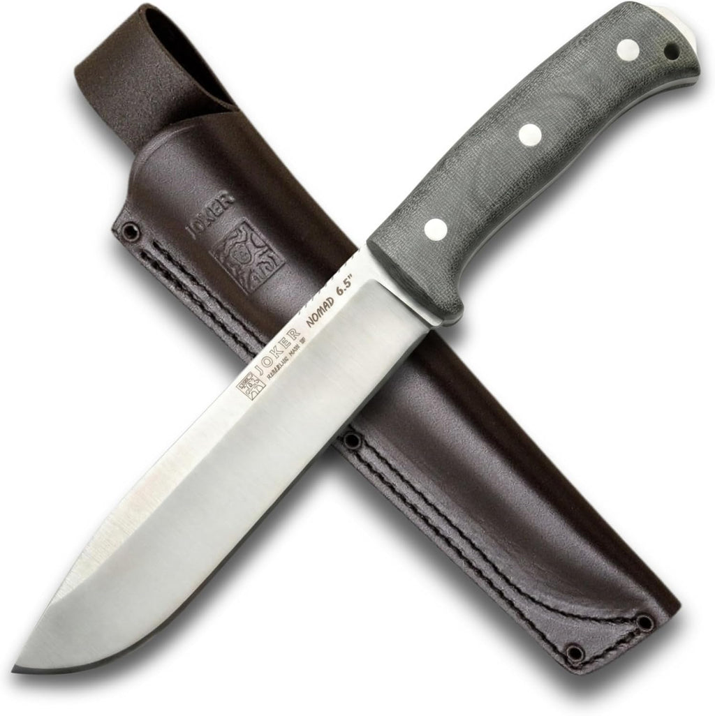 Joker Nomad 6.5 CV137 Survival Knife, 6.5 in Böhler N695 Steel Blade, Green Canvas Micarta Handle, Black Leather Sheath, Made in Spain, for survival kits, camp tasks, trail work and fishing trips