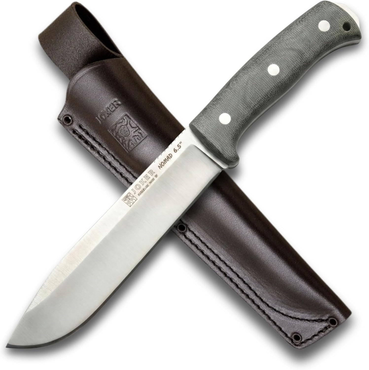 Joker Nomad 6.5 CV137 Survival Knife, 6.5 in Böhler N695 Steel Blade, Green Canvas Micarta Handle, Black Leather Sheath, Made in Spain, for survival kits, camp tasks, trail work and fishing trips