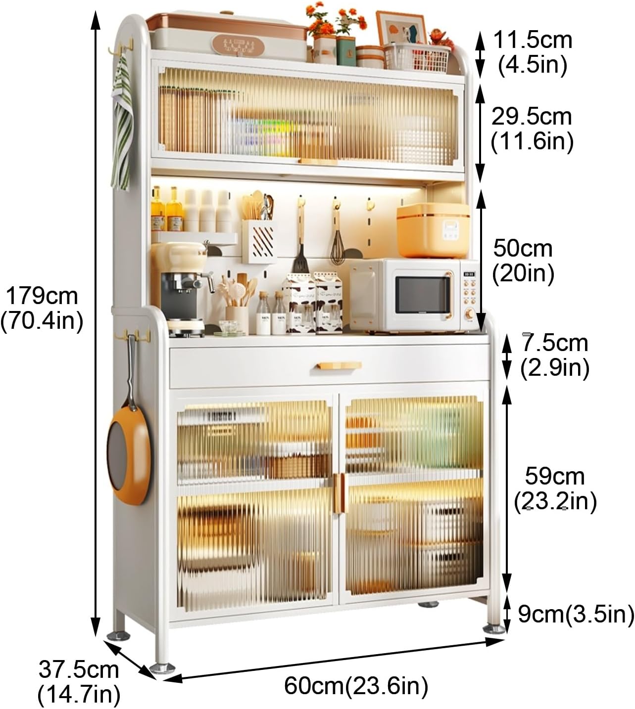 5-Tier Kitchen Bakers Rack, 5-Tier Microwave Stand, Adjustable Shelves, Metal Frame, with Drawers, for Kitchen Hutch, Home, Office(White-60Cm)