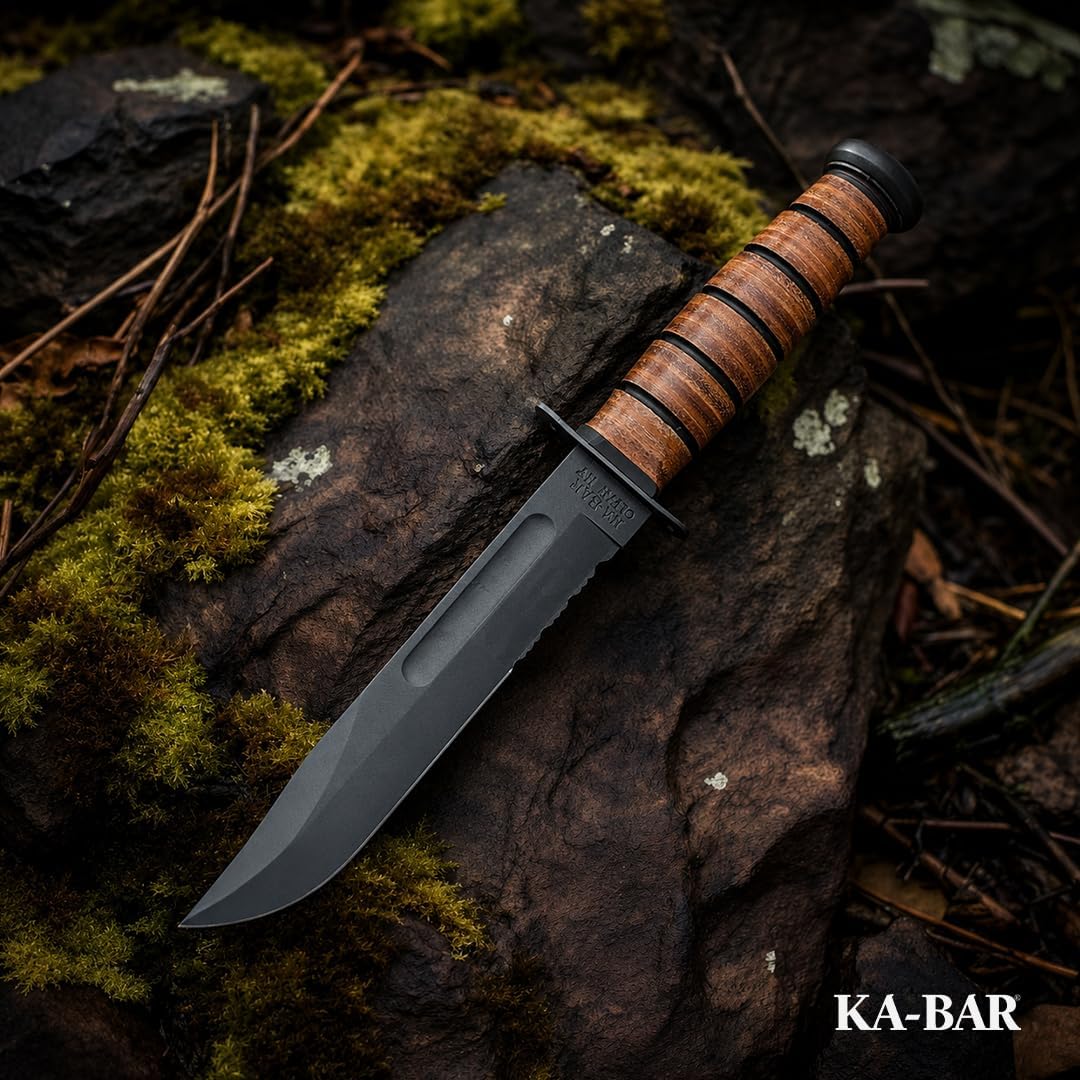 KA-BAR 1218 USMC Full-Size Fighting Knife – 7' Serrated Blade with Leather Sheath