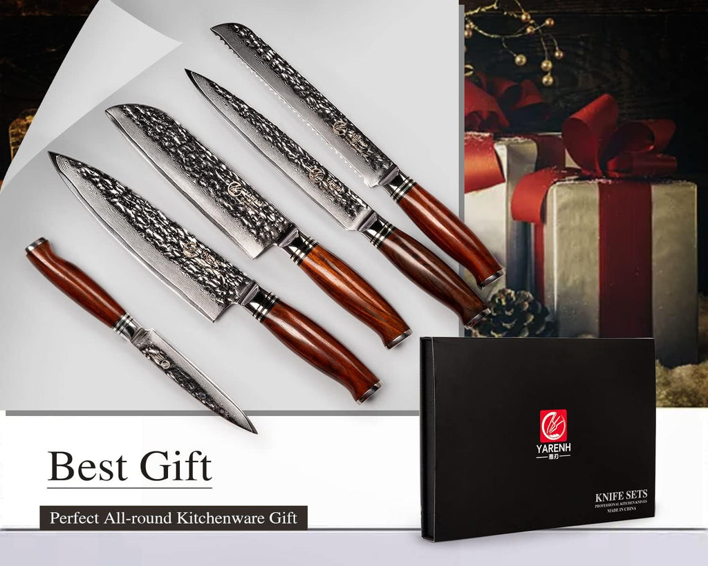YARENH Chef Knife Set without Block, 5 Piece Professional Sharp Kitchen Knives,Damascus Stainless Steel, 73 Layers, Full Tang, Dalbergia Wood Handle, HTT Series