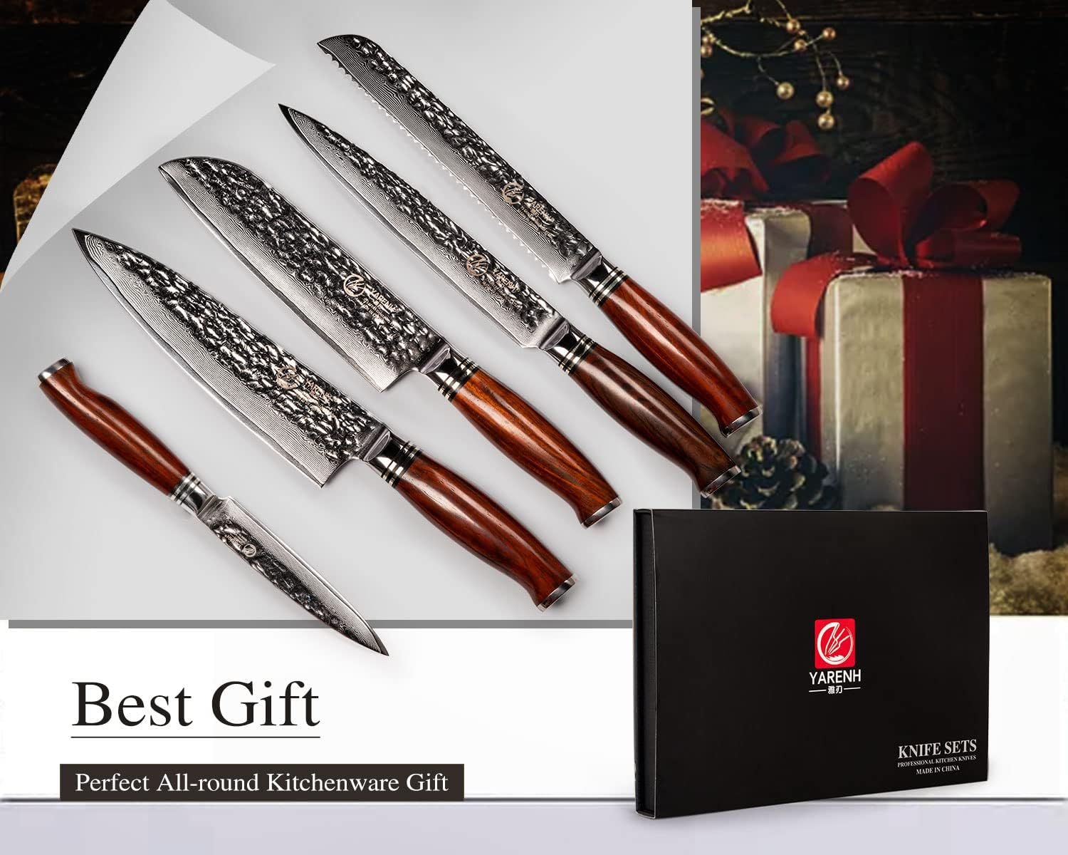 YARENH Chef Knife Set without Block, 5 Piece Professional Sharp Kitchen Knives,Damascus Stainless Steel, 73 Layers, Full Tang, Dalbergia Wood Handle, HTT Series