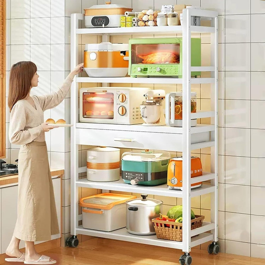 Microwave Stand with Drawer, Metal Baker's Rack for Kitchen Storage, Standing Shelf with Casters, Versatile Oven Rack for Home, Living Room & Hallway (Black)(Black,50x39x132cm)