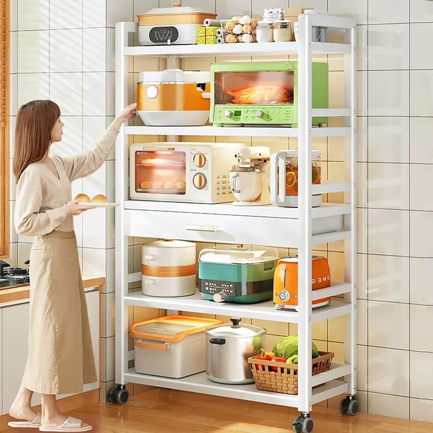 Microwave Stand with Drawer, Metal Baker's Rack for Kitchen Storage, Standing Shelf with Casters, Versatile Oven Rack for Home, Living Room & Hallway (Black)(Black,50x39x132cm)
