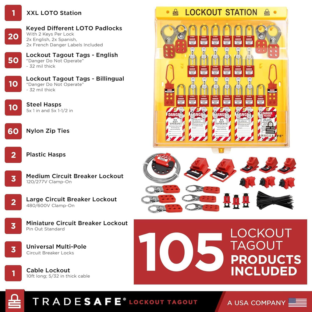 TRADESAFE Lockout Tagout Station - 105 Loto Devices, Loto Locks, Breaker Lockout Devices, Loto Tags, Lockout Hasp, Cable Lock, Lock Out Tag Out Kit Board, OSHA-Compliant