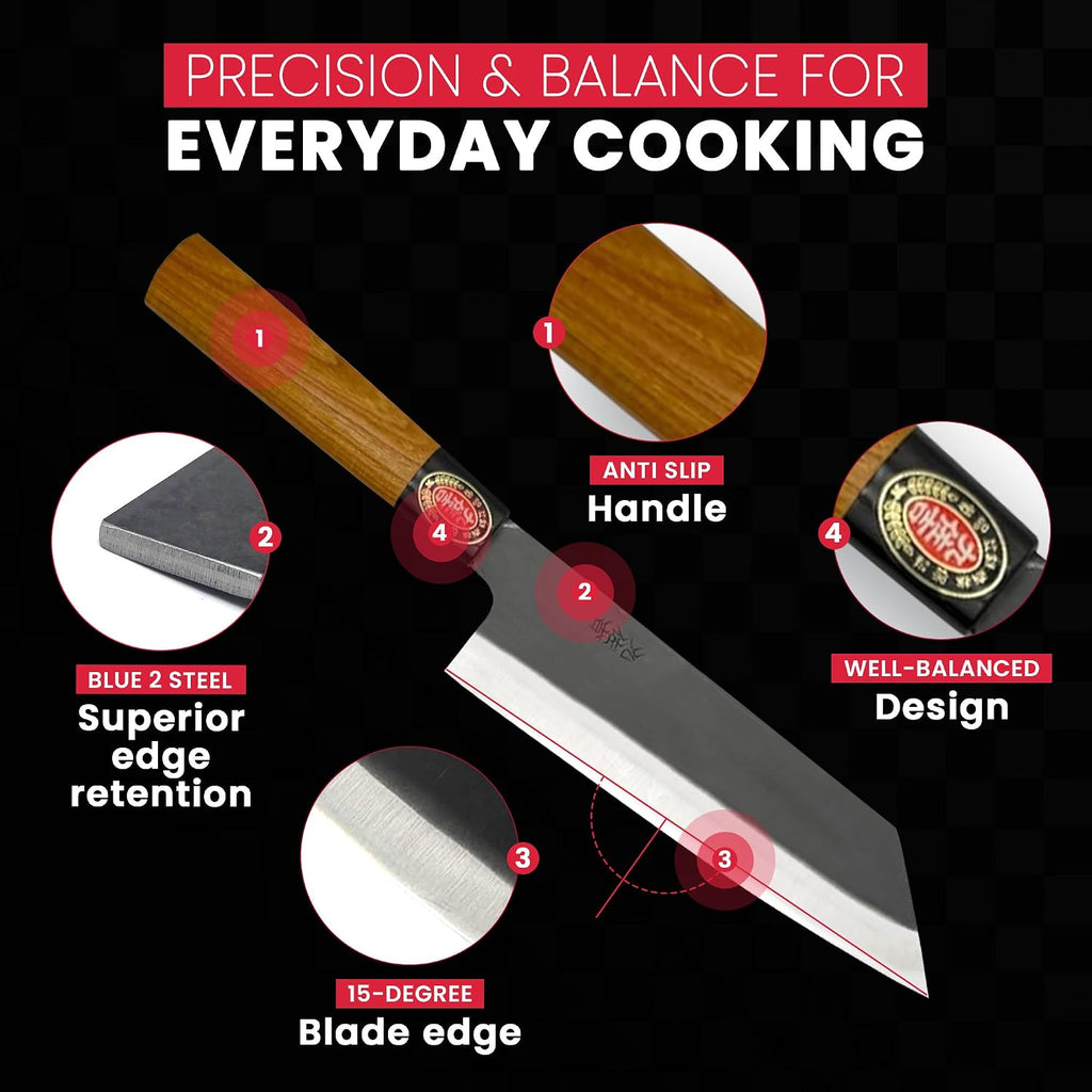 YOSHIDAHAMONO Bunka Knife 190mm – Aogami #2 Carbon Steel HRC 66–67 | Full Tang Zelkova Handle | 15-Degree Edge, Double-Edged Japanese Chef Knife, Made in Japan