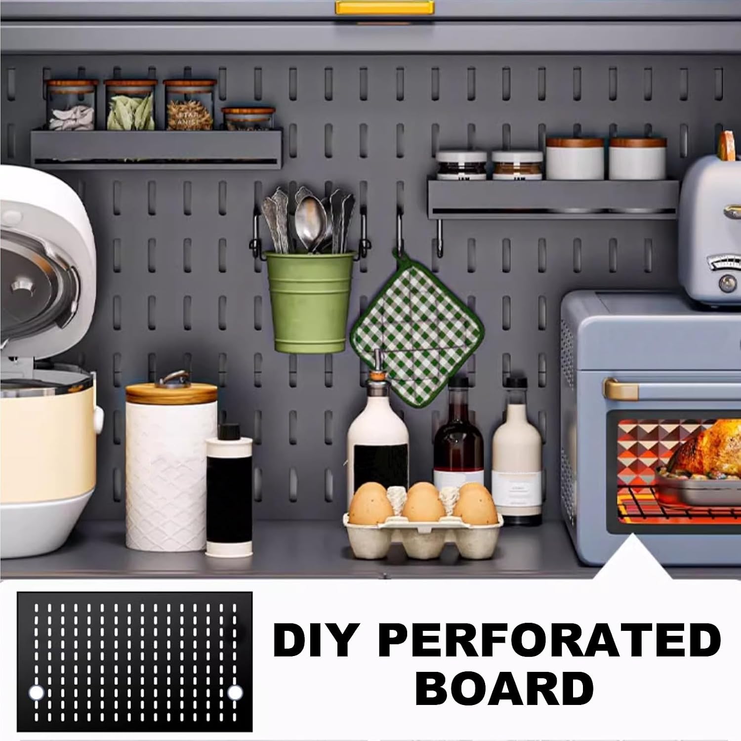 Freestanding Multi-Layer Kitchen Floor Cupboard，Microwave Storage Stand,Metal Kitchen Storage Cabinets, Bakers Rack with Storage, Kitchen Microwave Stand, with Drawers, Hooks * 8, Foot Pads