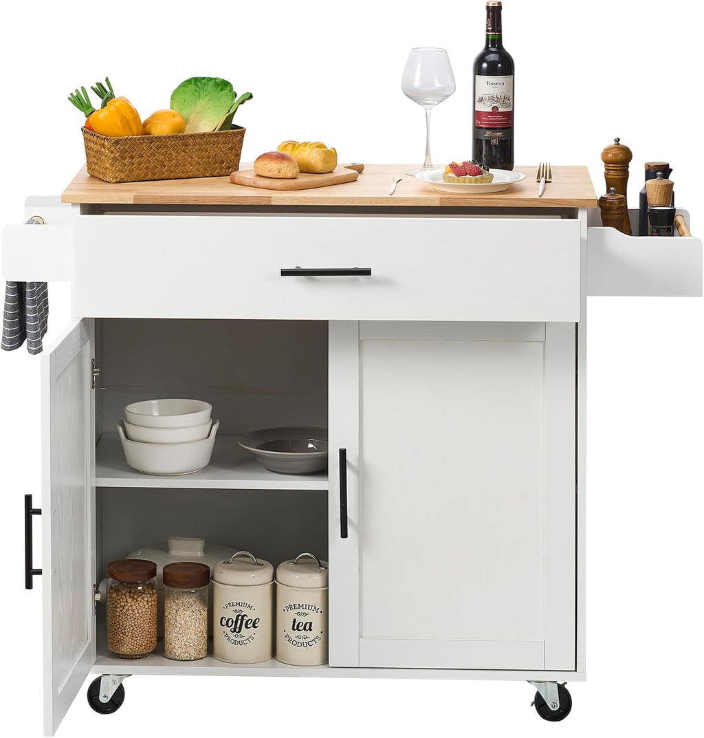 VEVOR Kitchen Island Cart with Solid Wood Top, 35.4' Width Mobile Carts with Storage Cabinet, Rolling Kitchen Table with Spice Rack, Towel Rack, Drop Leaf and Drawer, Portable Islands on Wheels, White