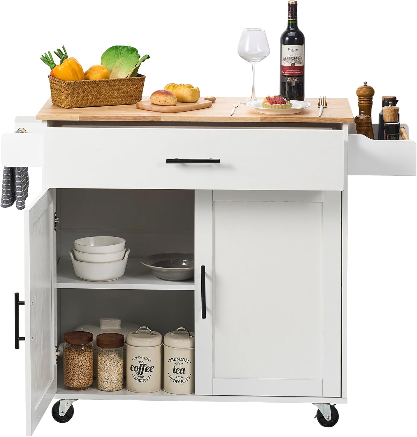 VEVOR Kitchen Island Cart with Solid Wood Top, 35.4' Width Mobile Carts with Storage Cabinet, Rolling Kitchen Table with Spice Rack, Towel Rack, Drop Leaf and Drawer, Portable Islands on Wheels, White