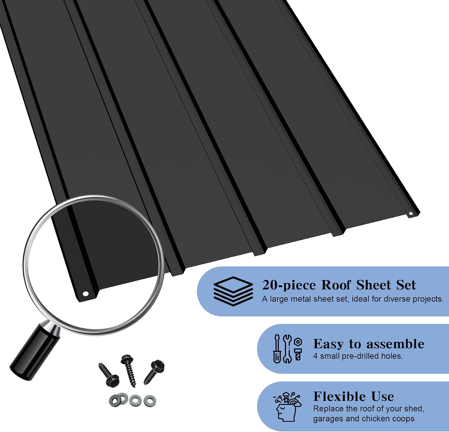 Domi Metal Roofing Panels 20 PCS, Galvanized Steel Corrugated Roof Panels Waterproof Heavy Duty Metal Siding Panels with Screws for Pergola Gazebo Garage Sheds Mobile Home (Grey)