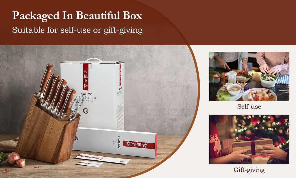 HEZHEN 8 PCS Kitchen Knife Block Set, German DIN 1.4116 Steel Knife Set with Block and Sharpener,Kitchen Shear, Ultra Sharp Blade,Red Wood Handle, Gift Packing