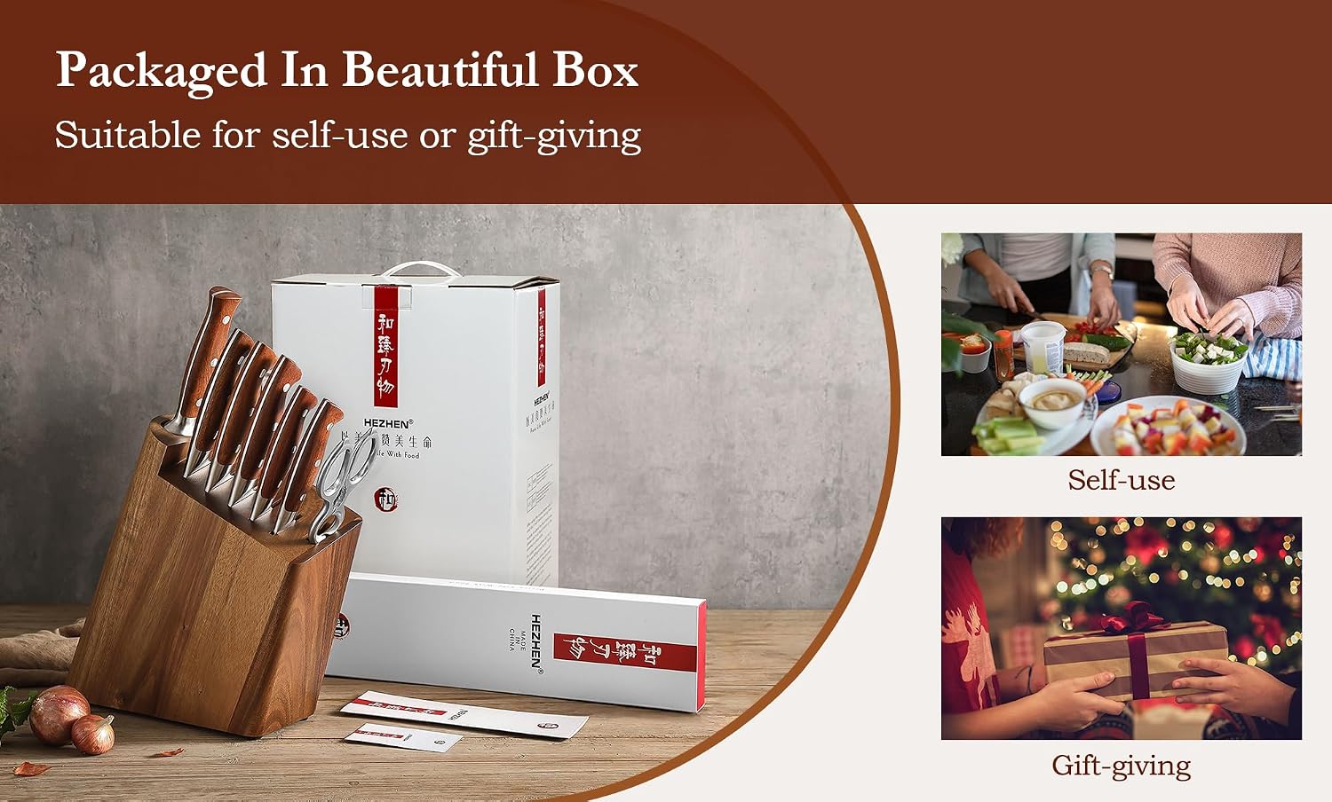 HEZHEN 8 PCS Kitchen Knife Block Set, German DIN 1.4116 Steel Knife Set with Block and Sharpener,Kitchen Shear, Ultra Sharp Blade,Red Wood Handle, Gift Packing