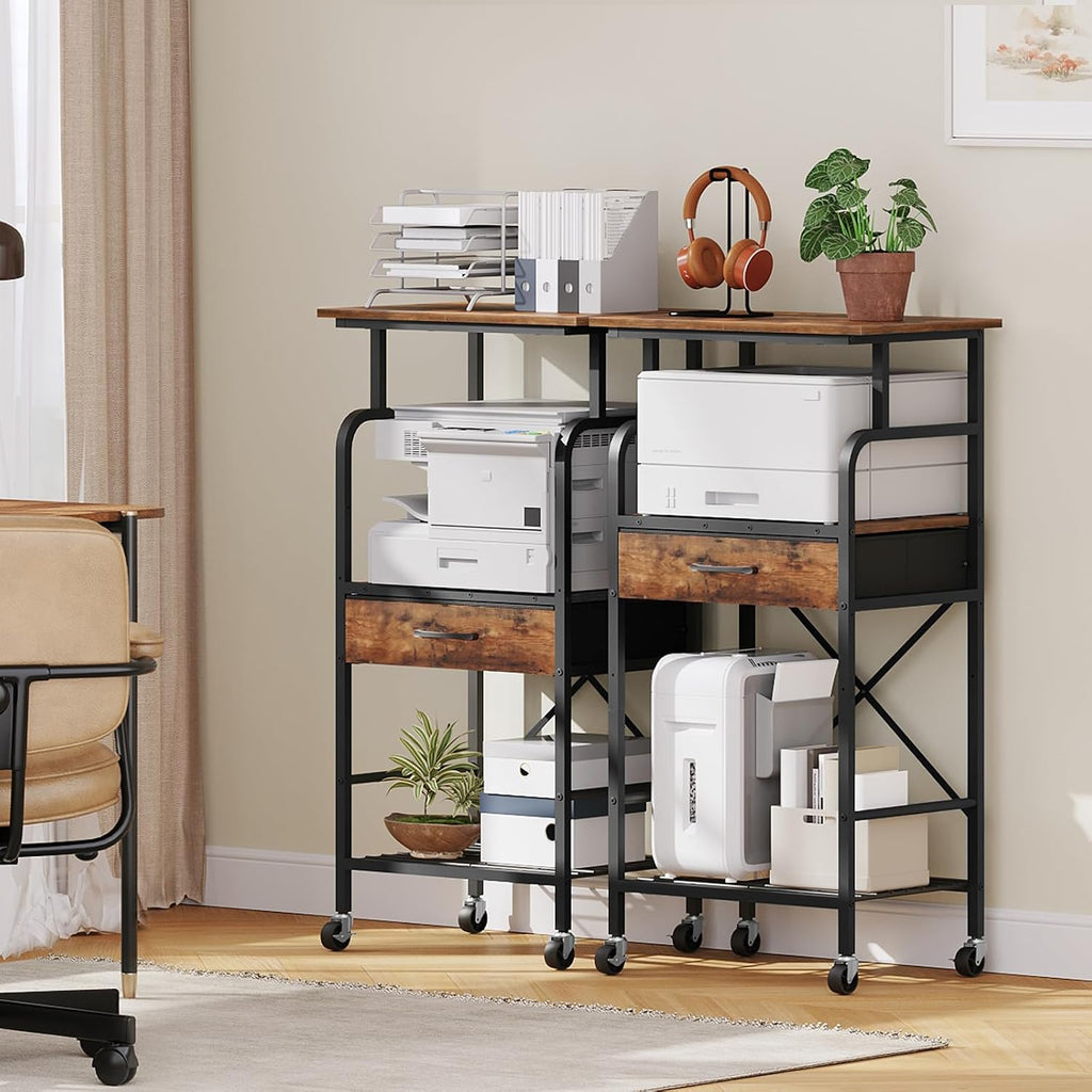 MAHANCRIS Printer Stand and Printer Table Bundle, 3-Tier Industrial Printer Cart with Power Outlets and 2 USB Ports, 3 Tier Mobile Printer Table with Adjustable Shelf & Drawer PTHR78E01-PTHR5401
