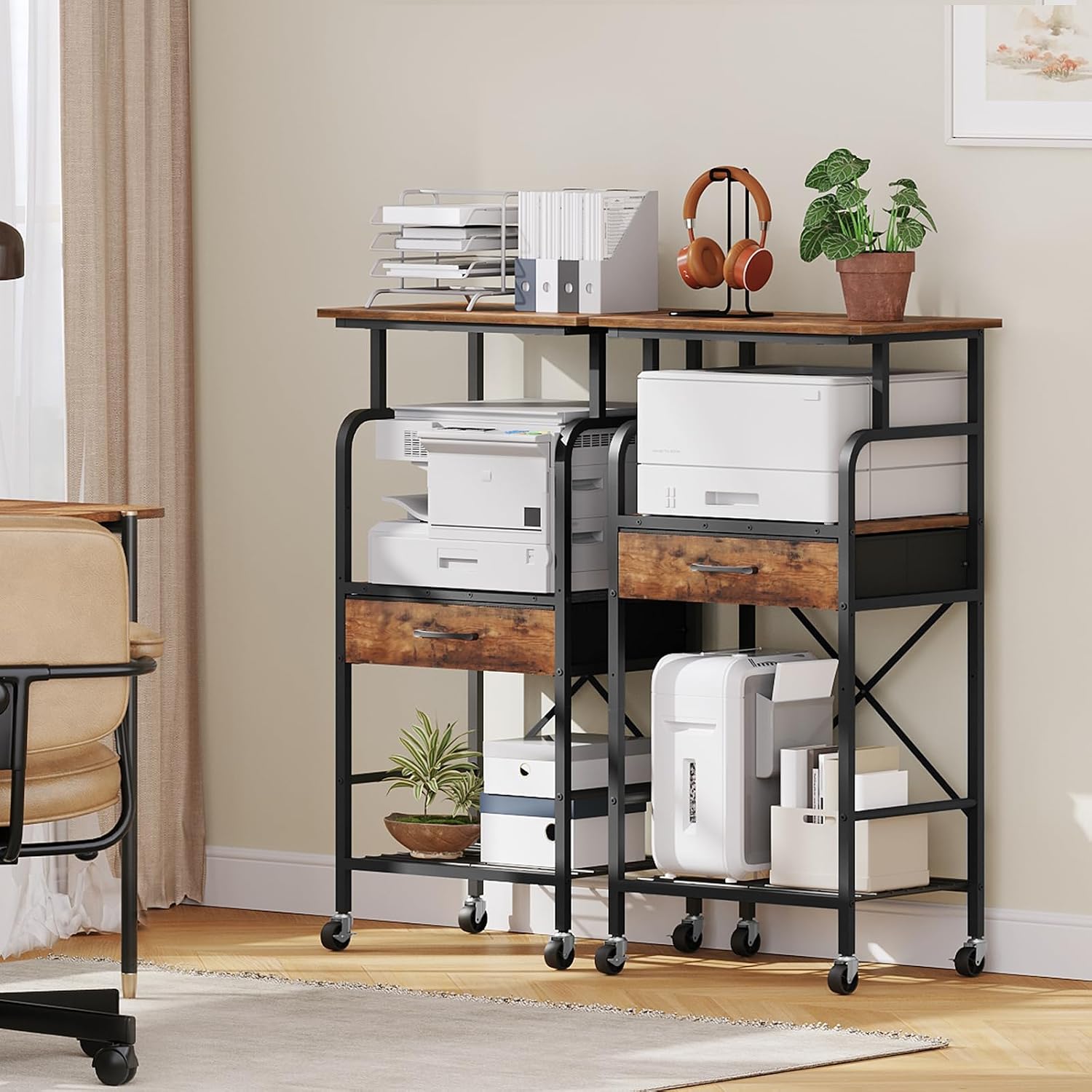 MAHANCRIS Printer Stand and Printer Table Bundle, 3-Tier Industrial Printer Cart with Power Outlets and 2 USB Ports, 3 Tier Mobile Printer Table with Adjustable Shelf & Drawer PTHR78E01-PTHR5401