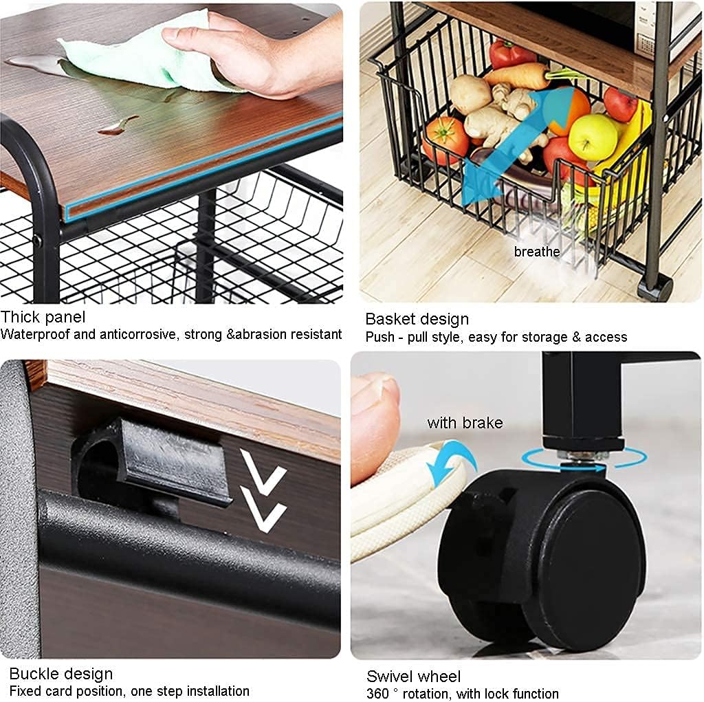 Rolling Microwave Stand with 3 Shelves Drawer Wire Basket Non Slip Workstation Kitchen Baker's Rack for Microwave Oven Spice Rack Organizer Utility Storage Shelf.