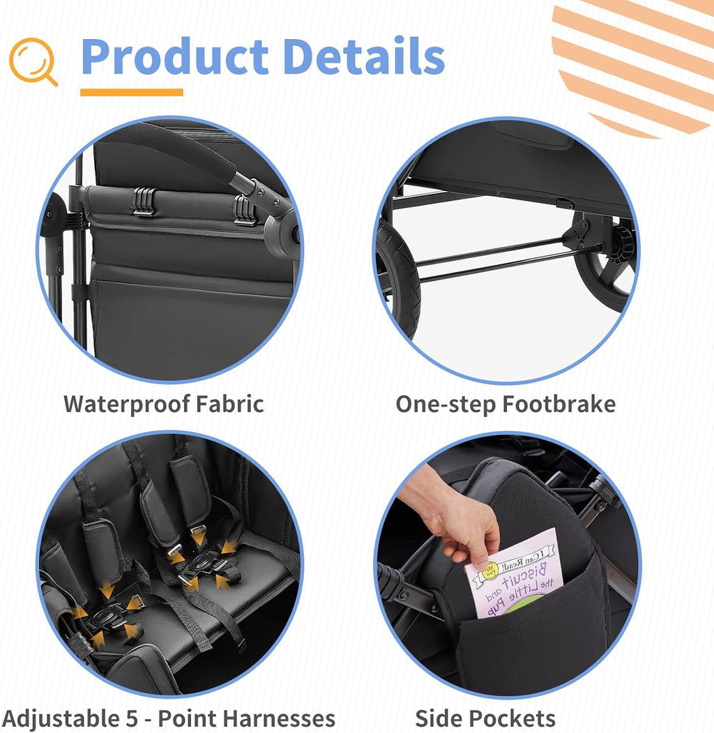 Stroller Wagon for 4 Kids, 4 Seater Wagon Stroller Featuring 4 High Seat with 5-Point Harnesses and Adjustable Canopy, Foldable Double Push Bar Wagon Stroller 4 Seater for Garden, Camping (Black)