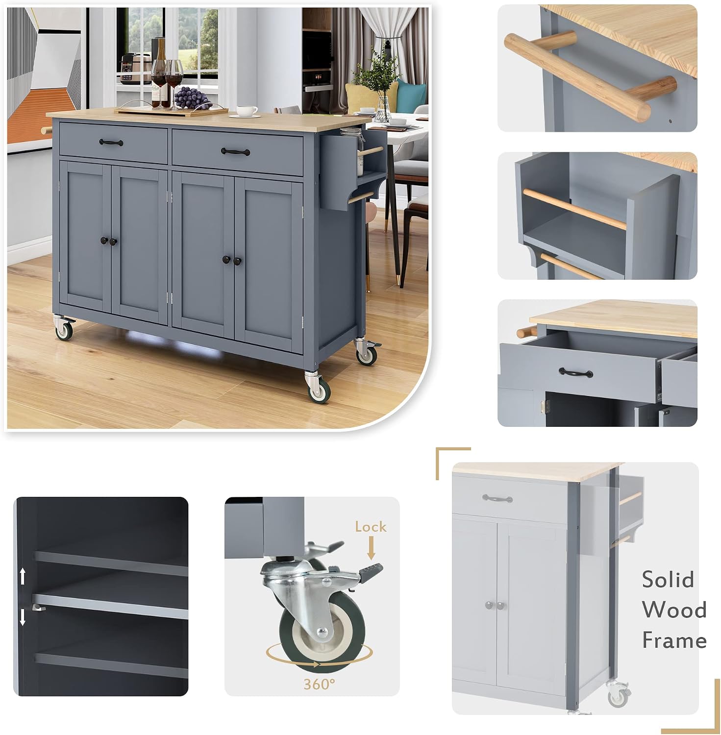 Merax 54.3' Width kitchen island with storage, Rolling Kitchen Storage Islands with 4 Door Cabinet & 2 Drawers, Kitchen Cart with Solid Wood Top, Lockable Wheels, Spice Rack, and Towel Rack, Grey Blue