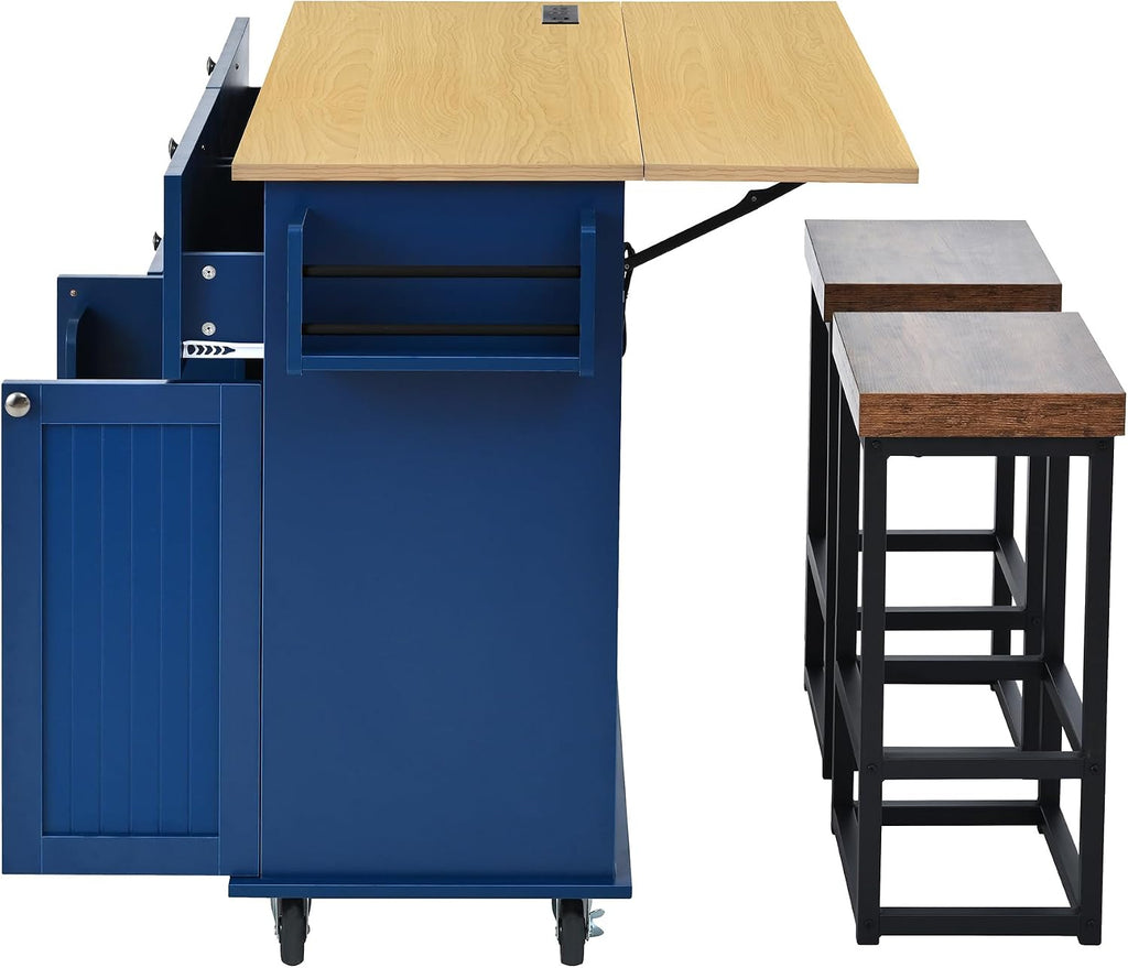 Bellemave Farmhouse Kitchen Island on Wheels with 11.8inch Drop Leaf, 2 Stools, Power Outlet,Kitchen Cart with Storage Cabinet, 2 Drawers, Door Shelves and Towel Rack(Blue)