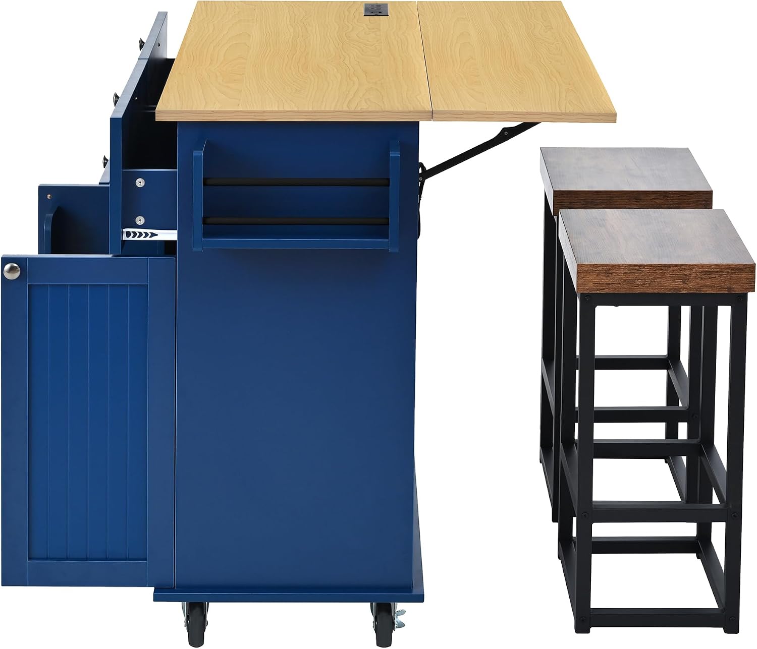 Bellemave Farmhouse Kitchen Island on Wheels with 11.8inch Drop Leaf, 2 Stools, Power Outlet,Kitchen Cart with Storage Cabinet, 2 Drawers, Door Shelves and Towel Rack(Blue)