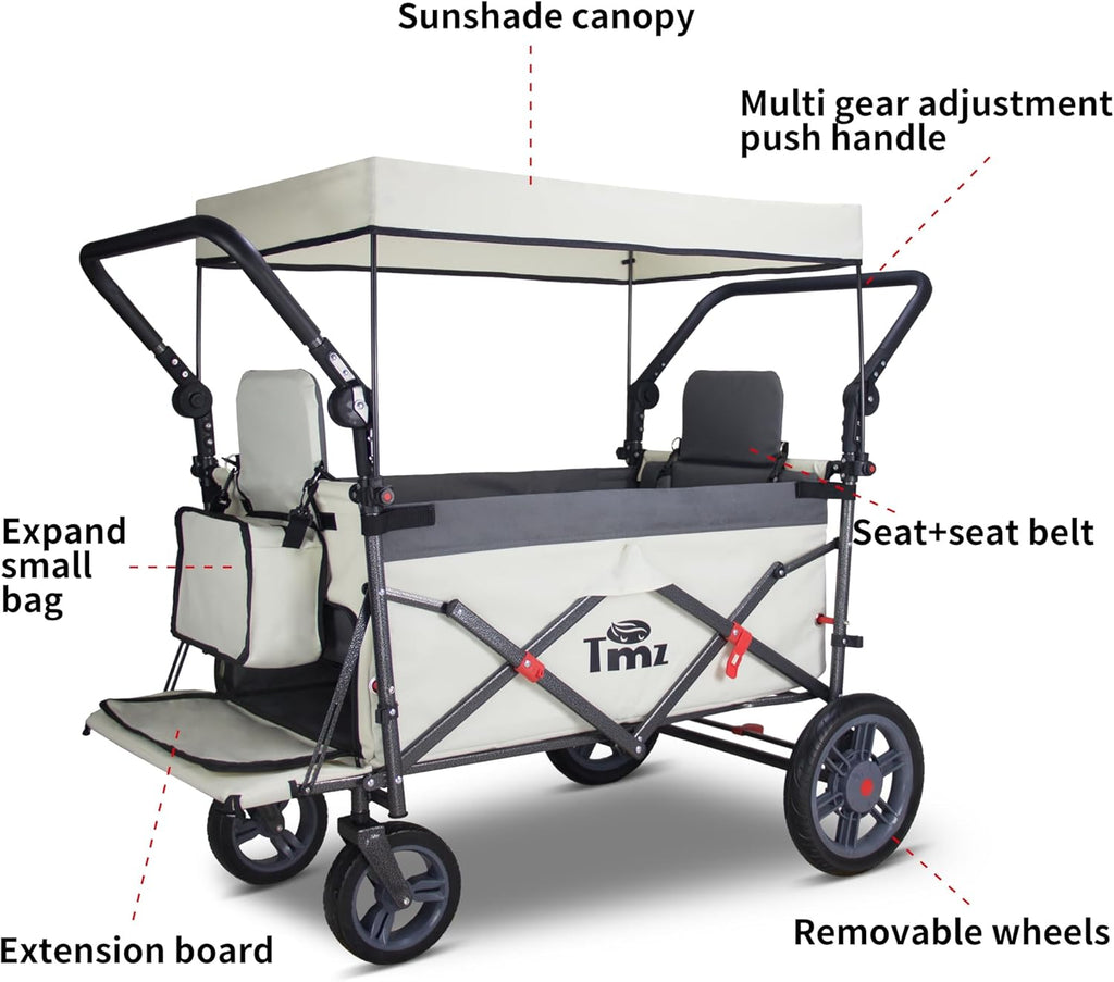 TMZ Collapsible Wagon with 2 Foldable Seats, Folding Wagon with Canopy, Multi Functional Cart with Adjustable Handle Bar, Front Expandable for Transport Camping (Grey/Beige)