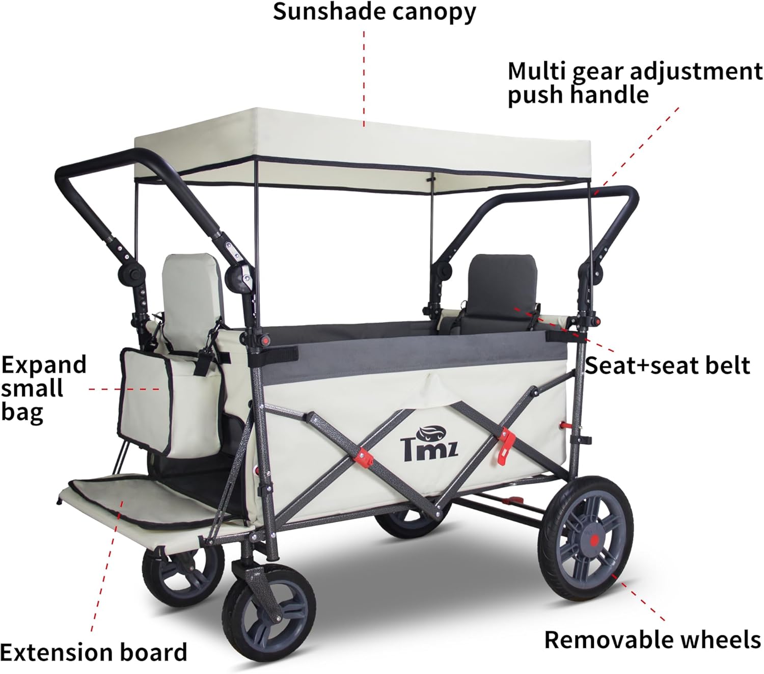 TMZ Collapsible Wagon with 2 Foldable Seats, Folding Wagon with Canopy, Multi Functional Cart with Adjustable Handle Bar, Front Expandable for Transport Camping (Grey/Beige)