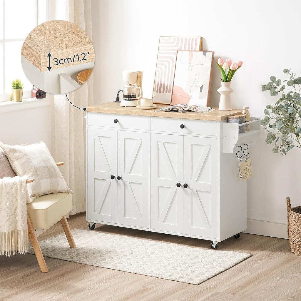 HOOBRO Kitchen Island with Power Outlet, Rolling Kitchen Island with Storage, Kitchen Island Cart with Spice Rack and Hooks, for Dining, Living Room, White and Natural WN11UZD01