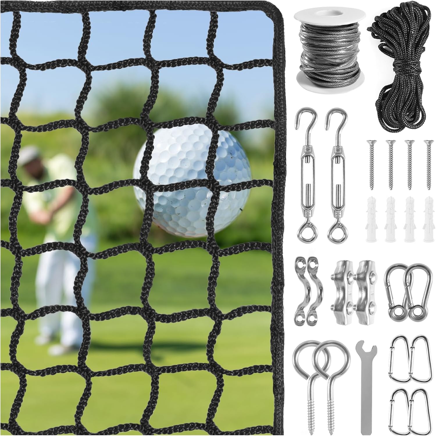 NQB Golf Practice Net with Steel Hanging Kit & Nylon Rope, 10x30FT Hitting Net for Golf, Baseball, Hockey, Soccer, LAX and More Sports Net for Backyard Driving or Indoor Garage