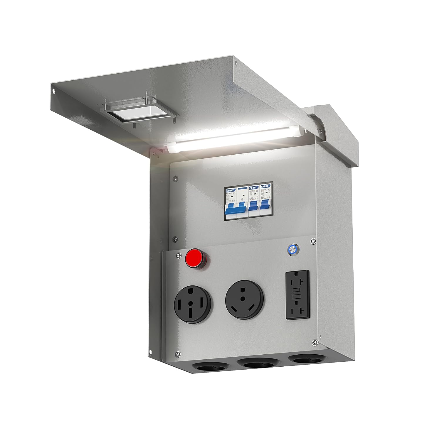RV Outlet Box with Lighting System Current Indicator 50/30/20 Amp Trailer RV Accessories Electrical Temporary Power Panel Small Metal Sub Breaker Box Waterproof Outdoor Receptacle Camper Home Upgrades
