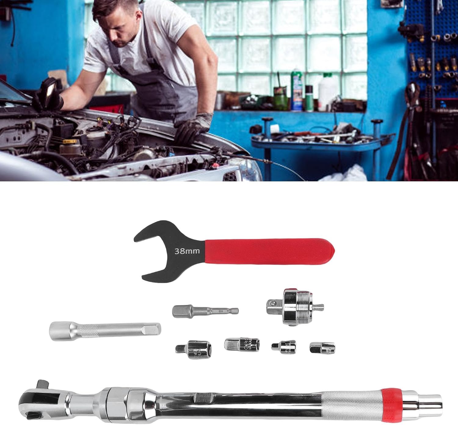 Fabater Offset Extension Wrench, Heavy Duty Impact Ratchet Extender for Tight Spaces with 1 / 2in Adapter, Manual/Automatic Switch, Cr V Steel, Tungsten Steel Gears, Alloy Forged