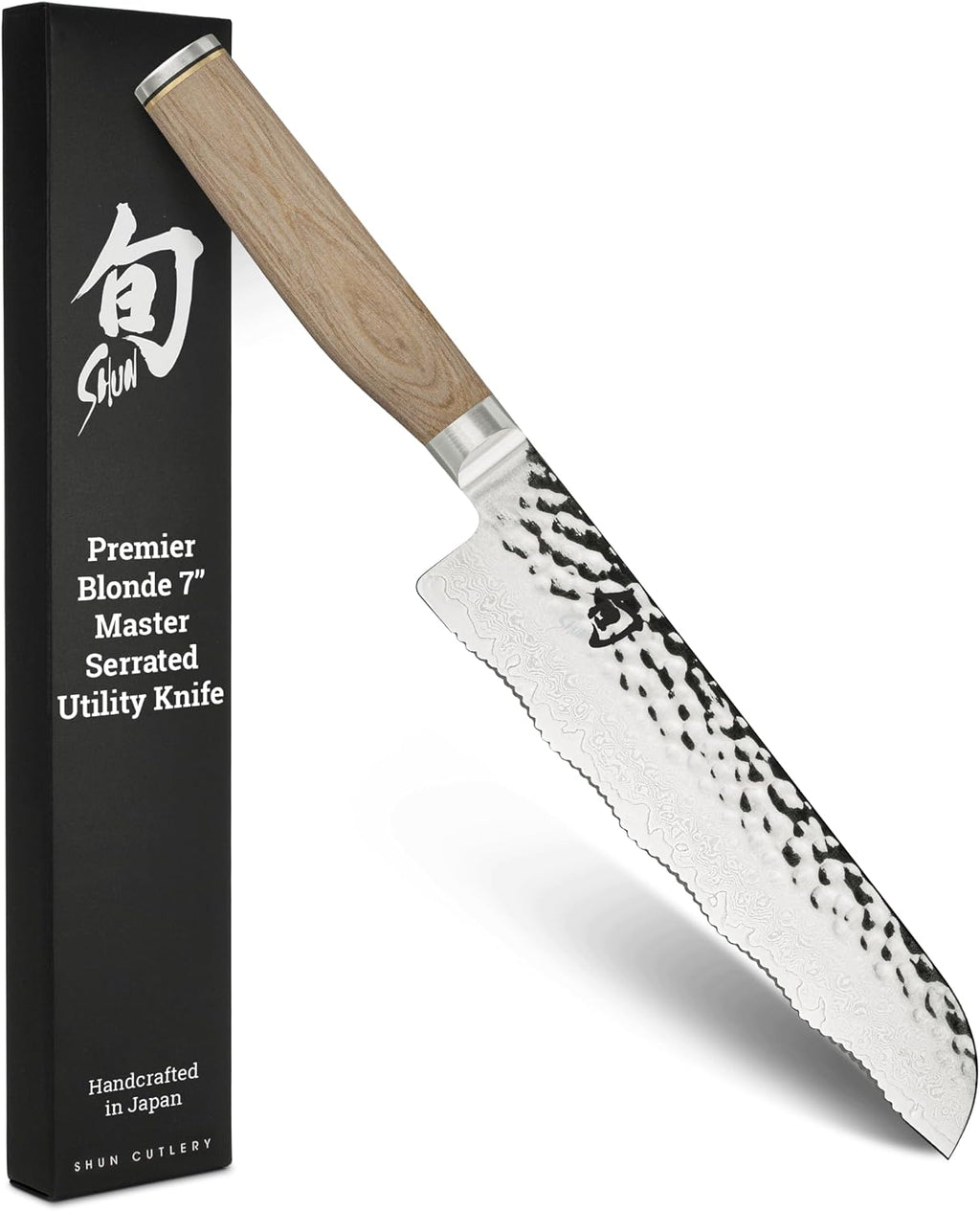 Shun Premier Blonde 7' Master Serrated Utility Knife, Handcrafted Japanese Knife, VG-MAX Core with Damascus Stainless Steel Cladding, Pakkawood Handle, Precision and Sharpness