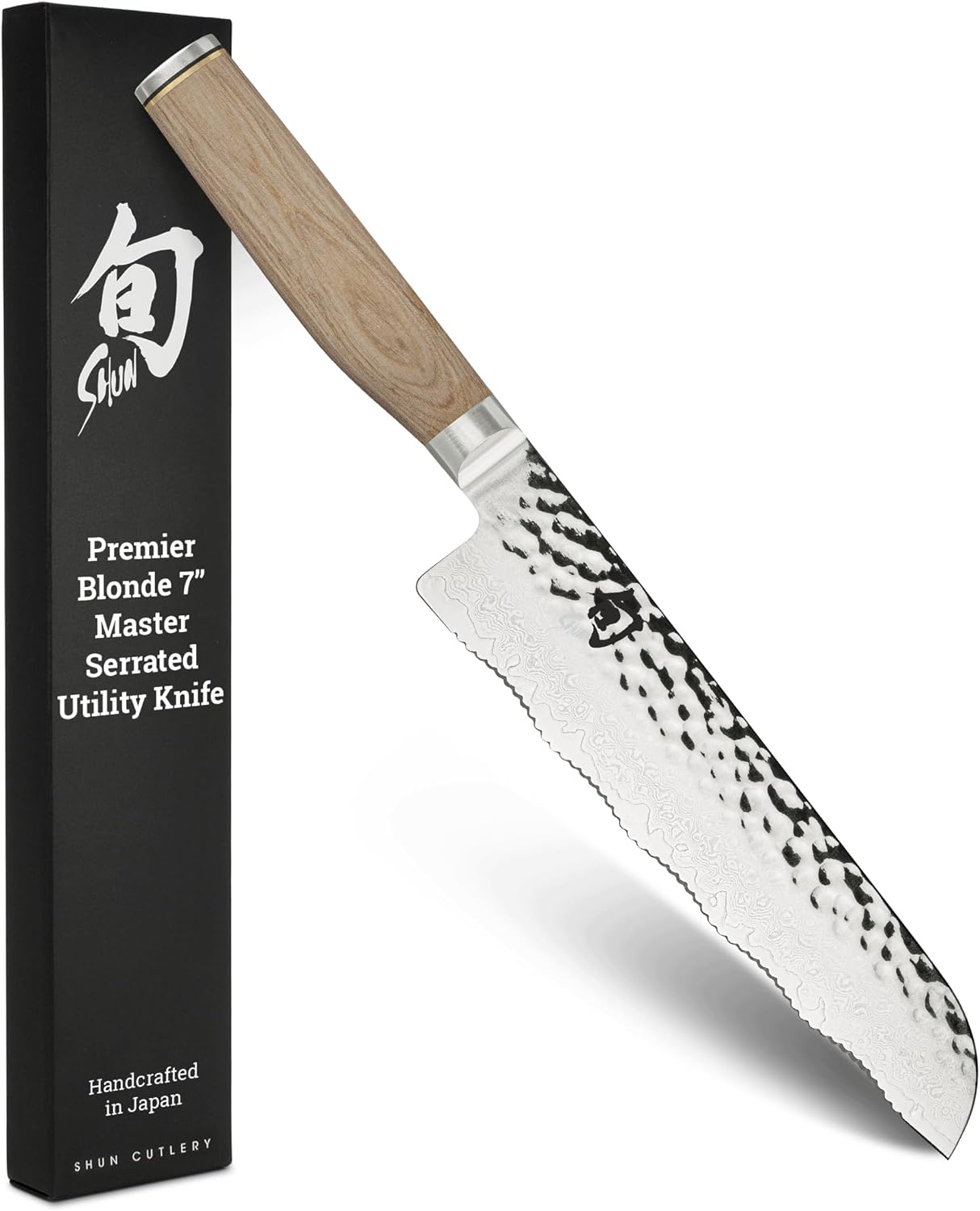 Shun Premier Blonde 7' Master Serrated Utility Knife, Handcrafted Japanese Knife, VG-MAX Core with Damascus Stainless Steel Cladding, Pakkawood Handle, Precision and Sharpness