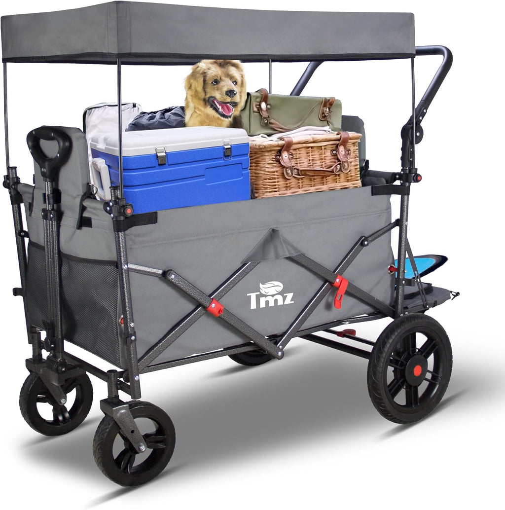 TMZ Collapsible Wagon with 2 Foldable Seats, Folding Cart with Removable Canopy, Heavy Duty Wagon 265LBS Load Capacity for Camping Garden Shopping (Grey)