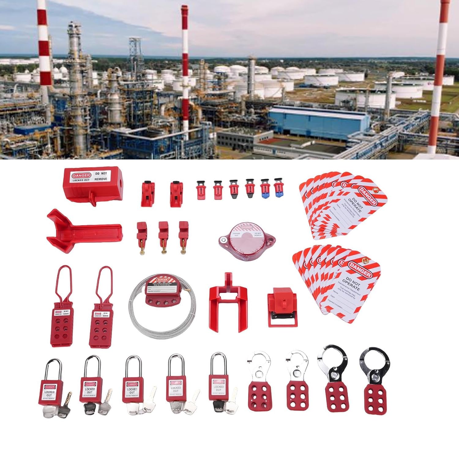 Lockout Tagout Kit Electrical Loto, Clamp On Circuit Breaker Lock Out, Group Lockout Hasps, Plug Lock, Loto Tags, Padlocks, Ball Valve, Tool Box, Universal for Electrical