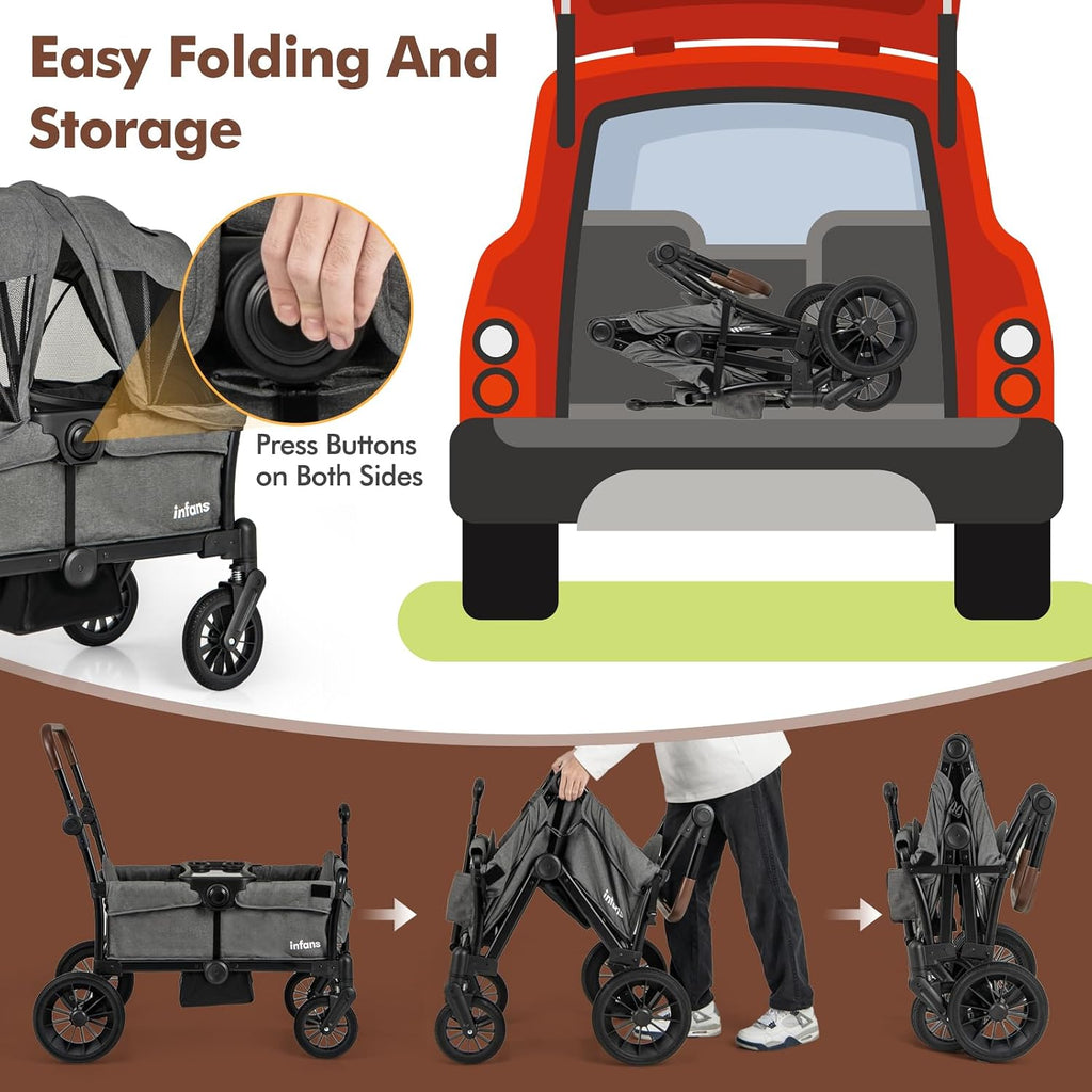 INFANS Wagon Stroller for 2 Kids, Collapsible Adjustable Push Pull Handle Bar, 2 Seater Stroller Wagon with Removable Canopy Snack Tray, Comfortable Drop-Down footwell and Upholstered Seats