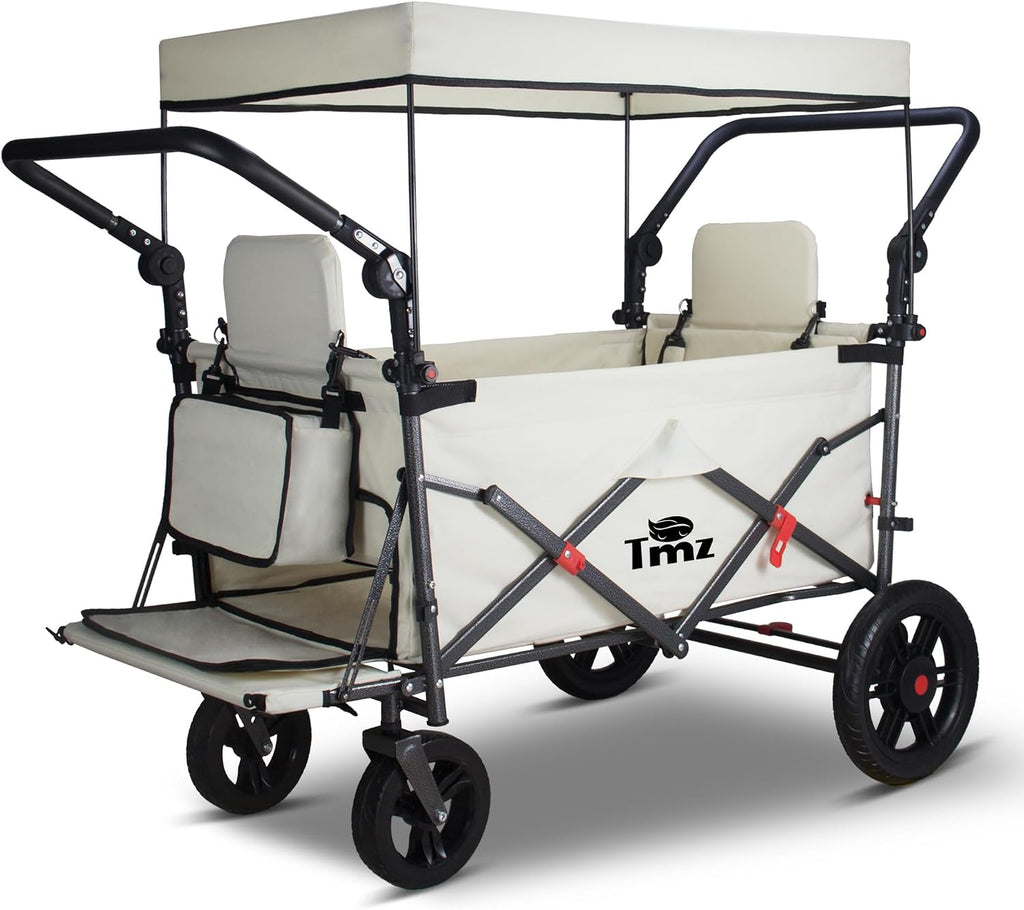 TMZ Foldable Wagon with Rain Cover & 2 Seats, Collapsible Folding Wagon with Adjustable Handle Bar, Multi Functional Cart with Canopy, Front Expandable Garden Cart (Transparent/Beige)