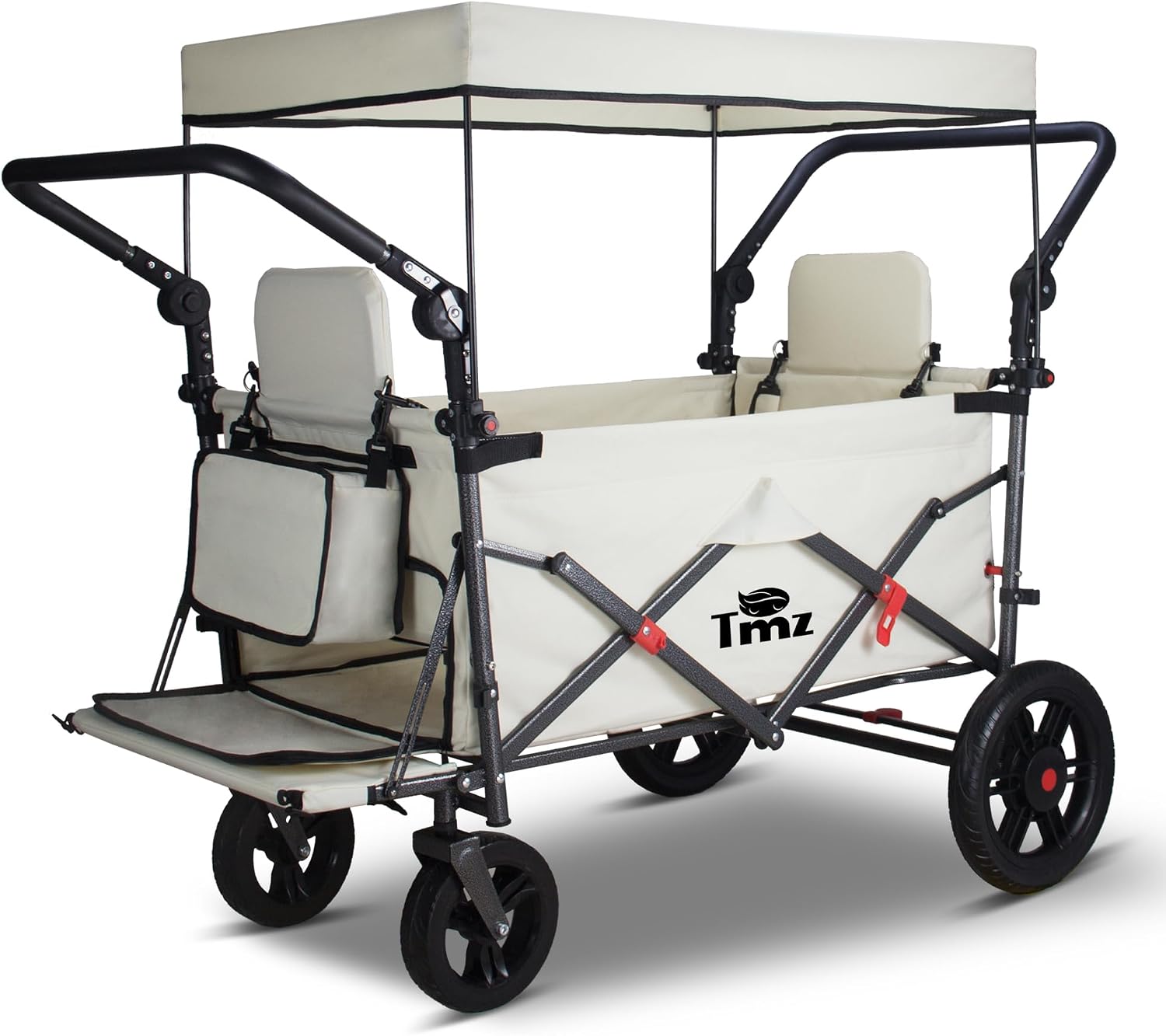 TMZ Foldable Wagon with Rain Cover & 2 Seats, Collapsible Folding Wagon with Adjustable Handle Bar, Multi Functional Cart with Canopy, Front Expandable Garden Cart (Transparent/Beige)