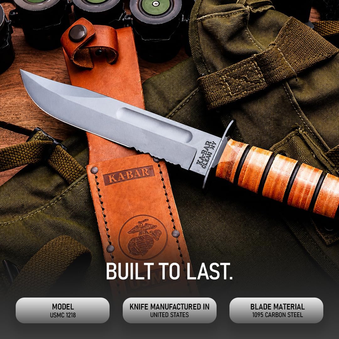 KA-BAR 1218 USMC Full-Size Fighting Knife – 7' Serrated Blade with Leather Sheath