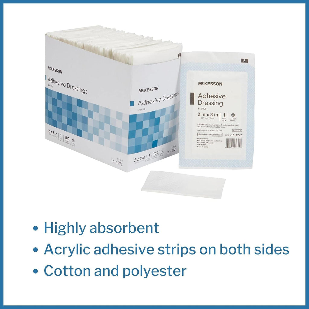 McKesson Adhesive Dressing, Sterile, Cotton/Polyester, 2 in x 3 in, 100 Count, 24 Packs, 2400 Total