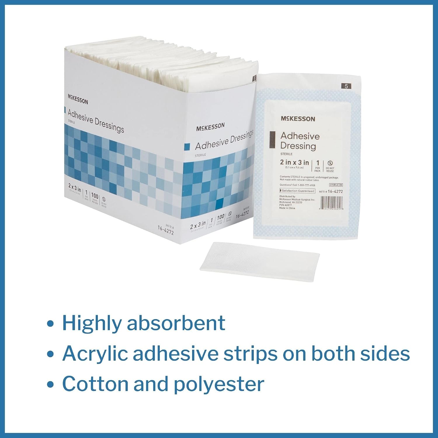 McKesson Adhesive Dressing, Sterile, Cotton/Polyester, 2 in x 3 in, 100 Count, 24 Packs, 2400 Total