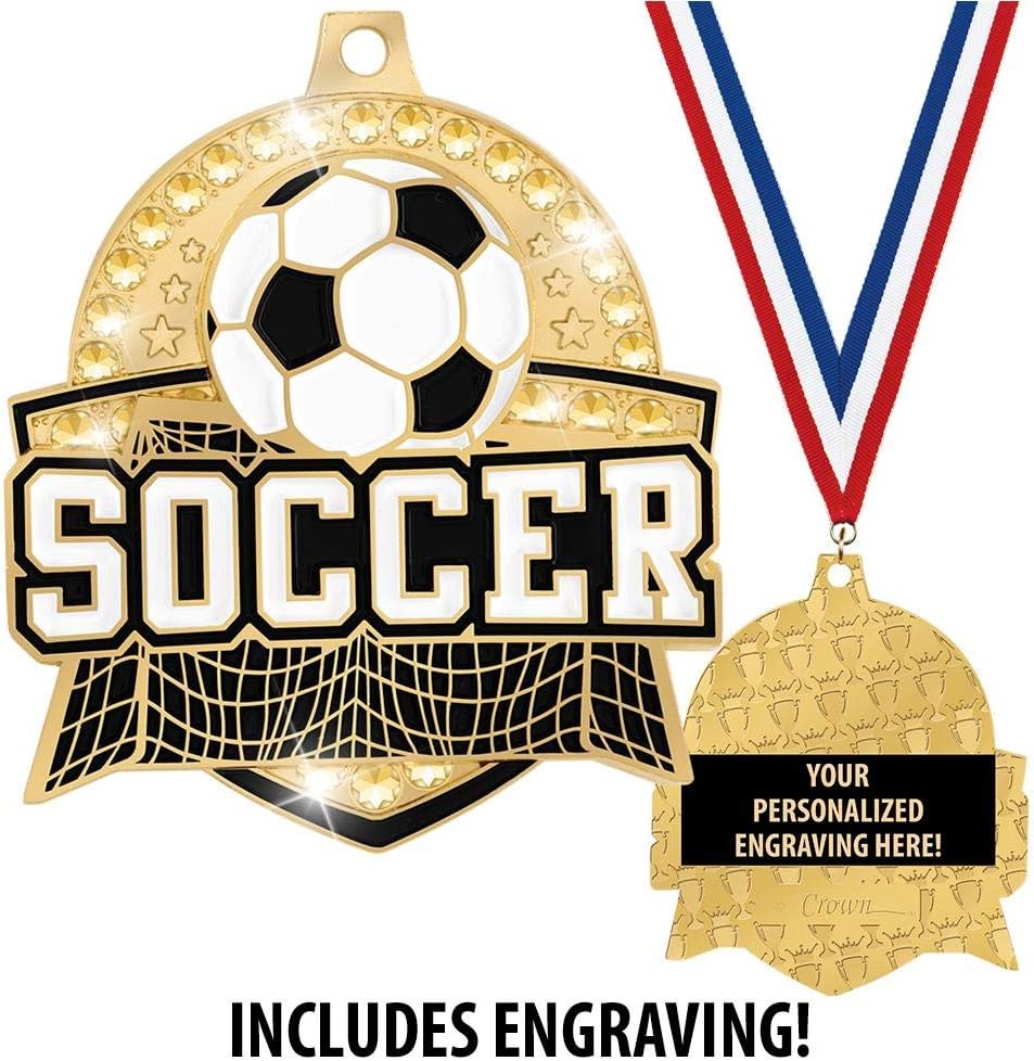 Crown Awards 2 1/4' Royal Soccer Medals, Shiny Gold Soccer Medals with Free Engraving Prime