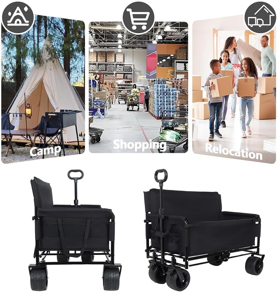 3-in-1 Convertible Folding Wagon Cart with Seat & Storage, 500lbs Heavy-Duty Utility Wagon, 180L Capacity, All-Terrain 360° Swivel Wheels for Camping, Beach, Sports, Garden (Black)