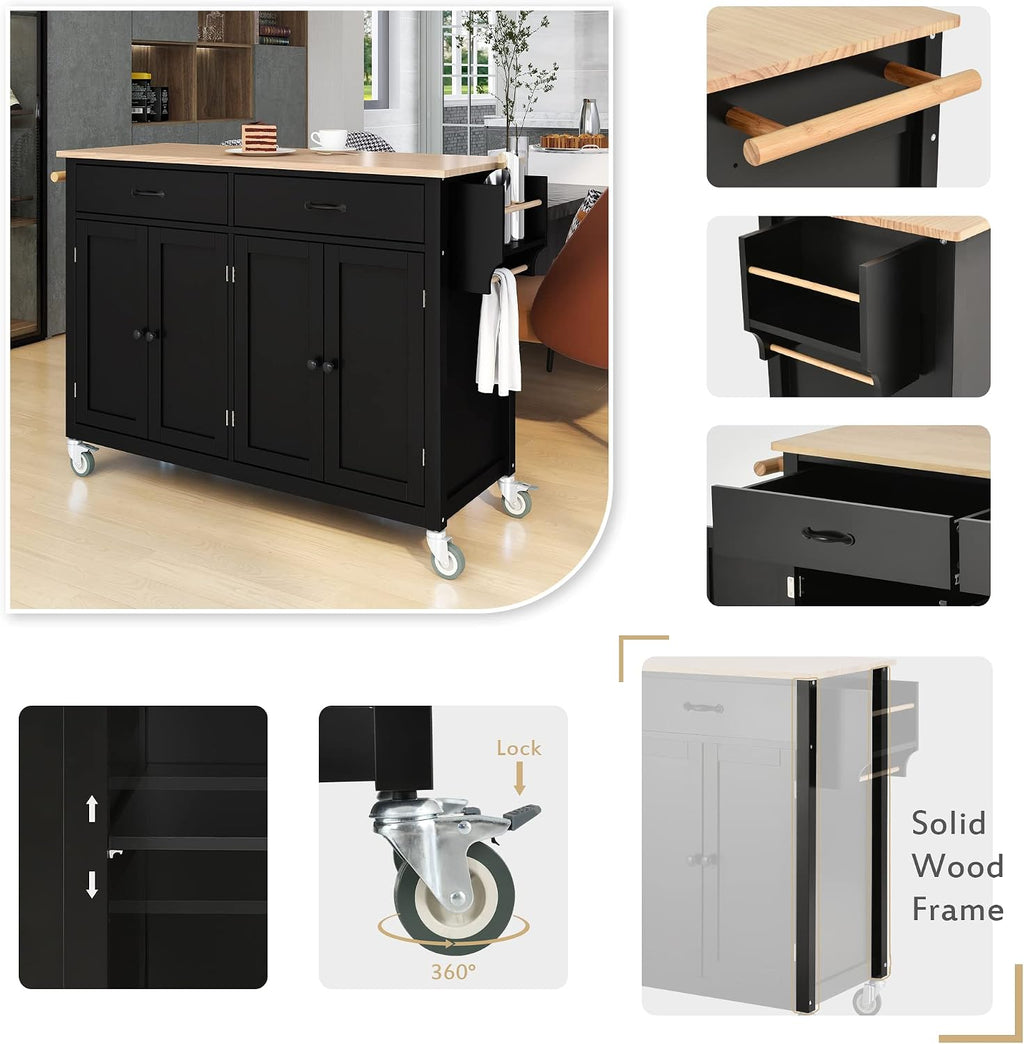 Merax 54.3' Width Kitchen Island with Storage, Rolling Kitchen Storage Islands with 4 Door Cabinet & 2 Drawers, Kitchen Cart with Solid Wood Top, Lockable Wheels, Spice Rack, and Towel Rack, Black