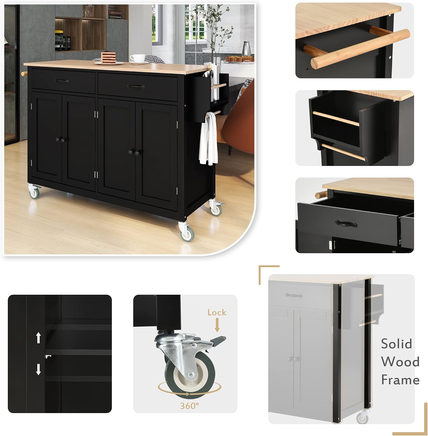 Merax 54.3' Width Kitchen Island with Storage, Rolling Kitchen Storage Islands with 4 Door Cabinet & 2 Drawers, Kitchen Cart with Solid Wood Top, Lockable Wheels, Spice Rack, and Towel Rack, Black