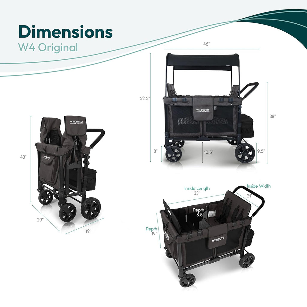 WonderFold W4 Original Stroller Wagon - Foldable Wagon with 5 Point Harness - Adjustable Canopy & Deep Carriage - All-Terrain Wheels - for Babies, Toddlers & Kids - 4 Seater - Black